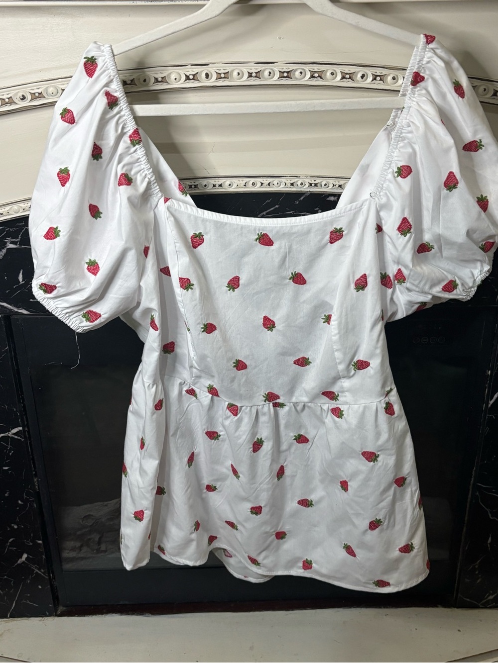 White Strawberry-Print Puff Sleeve Square Neck Blouse